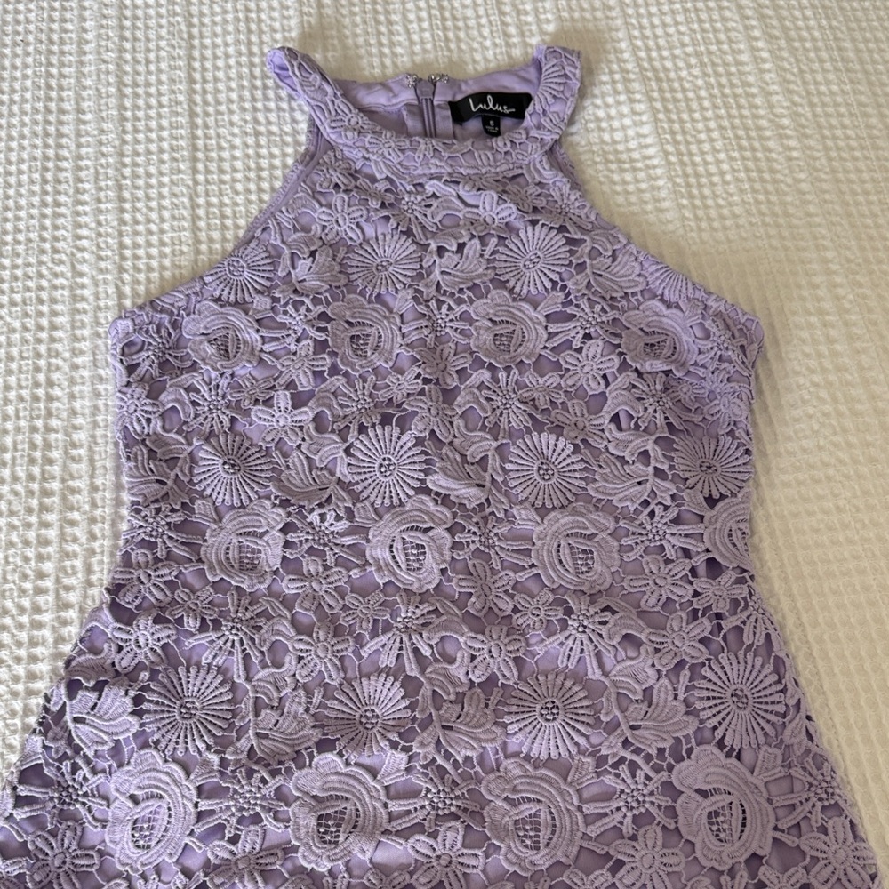 Lulus Lavender Floral Lace Halter Mini Dress - Picture 3 of 6